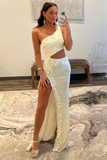 Ivory Mermaid One Shoulder Cut-Out Sequins Long Prom Gown with Slit HZ1023