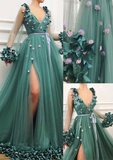 new prom dress, v neck prom gown with long sleeve HZ1023