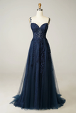 A Line Spaghetti Straps Navy Prom Dress with Appliques HZ1023