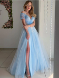 Elegant Off Shoulder Light Blue Tulle Long Prom Dresses, Off the Shoulder Light Blue Formal Evening Dresses HZ1023