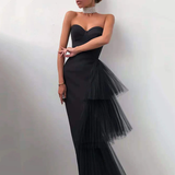 Sexy Satin Black/White Evening Dress Mermaid Strapless Tiered Off Shoulder Sleeveless Girl Formal Prom Dress HZ1023