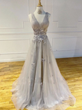 Gray v neck tulle lace long prom dress gray tulle formal dress HZ1023