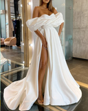 A-line Off The Shoulder Wedding Dress Satin With Slit HZ1023