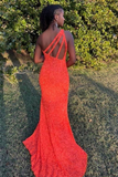 One Shoulder Open Back Mermaid Orange Sequins Long Prom Dress,Shiny Formal Dress,Sexy Night Dress HZ1023