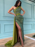 Simple One-shoulder Side Slit Mermaid Sequin Evening Prom Dresses HZ1023