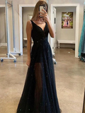 Custom Made A Line V Neck Sparkly Sequins Black Long Prom Dresses,Black V Neck Sequins Long Evening Dresses HZ1023