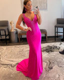 Rose Red V-neck Beading Mermaid Prom Dress with Side Slit HZ1023