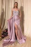 Elegant Spaghetti-Straps Pink Mermaid Prom Dress With Ruffles Split HZ1023