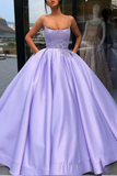 Purple Ball Gown Spaghetti Straps Satin Sweet 16 Dress With Pocket Quinceanera Dress HZ1023