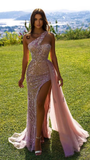 Pink Glitter Sequin Mermaid Long One Shoulder Applique High Slit Formal Prom Dress Tulle Trailing Evening Gown Party Dress HZ1023