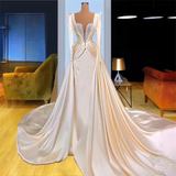 Mermaid Evening Dresses Satin Off The Shoulder Beaded Train Formal Gowns HZ1023