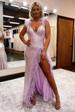 Chic Lilac V Neck Sleeveless Mermaid Long Prom Dress With Slit, Formal Gown HZ1023