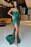 Emerald Green Sleeveless Sweetheart Mermaid Prom Dress Split With Rhinestones HZ1023