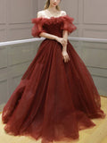 Burgundy Off Shoulder A Line Formal Evening Dress Tulle Long Prom Dress HZ1023