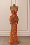 Orange gorgeous shiny V-neck mermaid slim spaghetti straps long sequined ball gown evening dress party dress HZ1023