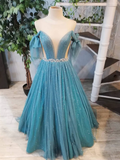 BLUE ROUND NECK TULLE SEQUIN LONG PROM DRESS, BLUE EVENING DRESS HZ1023