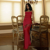 Yellow new lace spaghetti straps sexy backless mid-length elegant satin prom dress evening dress party dress HZ1023