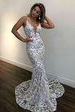 Deep V Neck Mermaid Champagne Lace Prom Dress, Mermaid Champagne Formal Dress, Champagne Lace Evening Dress HZ1023