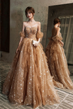 Yellow gorgeous shiny fashion A-line long tulle elegant ball gown evening dress HZ1023