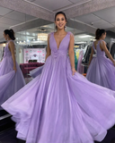 Deep V Neck Purple Tulle Long Prom Dress, Long Lavender Formal Evening Dress HZ1023