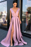 Pink Straps Side-Slit A-Line Prom Dresses | Sexy Deep-V-Neck Sleeveless Evening Gown HZ1023