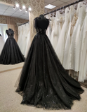 Tulle black applique beaded A-line maxi corset dress party dress off-the-shoulder gown ball gown elegant evening dress HZ1023