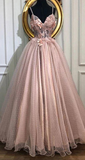 A-line V-Neck Tulle Long Prom Dresses, Pearl Pink Appliques Formal Evening Dress HZ1023