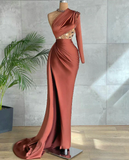 Brown Mermaid Beaded One Shoulder Evening Dresses High Side Split Prom Dress HZ1023