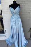 Light Blue A-line 3D Flowers Satin Long Prom Dress HZ1023