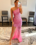 Stripe Sequin Blushing Pink One Shoulder Prom Dress with Side Slit HZ1023