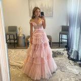 Cute A Line Off the Shoulder Pink Tulle Prom Dresses Quinceanera Dresses HZ1023
