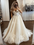 Off The Shoulder Champagne Wedding Dresses, Off Shoulder Champagne Floral Prom Dresses HZ1023