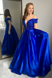 Off the Shoulder Royal Blue Long Prom Dress HZ1023
