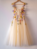 3D Flower Tulle Tea Length Prom Dresses HZ1023