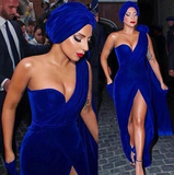 Royal Blue New Sexy Split Evening Dresses Sheath One Shoulder Velvet Long Party Gowns HZ1023
