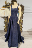 Dark blue sequin long prom dress , blue evening dress HZ1023