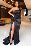 Black off-the-shoulder high slit long mermaid low back pleated prom dress HZ1023
