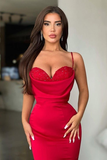Fabulous Red Spaghetti-Straps Mermaid Prom Dress Long With Beads HZ1023