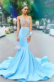 Mermaid Sheer Tulle Sexy Prom Dresses for Juniors | Crystals Sky Blue Evening Gowns HZ1023