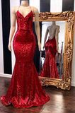 Spaghetti Straps Sequins Mermaid Long Red Prom Dress HZ1023