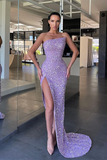 Fabulous Lilac Strapless Sequins Evening Dress Mermaid Long With Split HZ1023