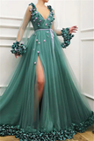 new prom dress, v neck prom gown with long sleeve HZ1023