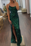 Emerald green/silver/orange/pink/yellow elegant sexy fashion spaghetti strap sequins mermaid slim fit slit long floor length prom dress evening dress party dress HZ1023
