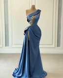 blue prom dresses, pearls prom dresses, keyhole prom dresses, satin prom dresses, one shoulder prom dresses, HZ1023