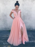 Deep V Neck Off Shoulder Pink Lace Floral Prom Dresses, Off the Shoulder Pink Formal Dresses, Pink Lace Evening Dresses HZ1023