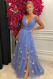 A Line V Neck Floral Blue Long Prom Dresses with Slit, Blue Formal Graduation Evening Dresses with 3D Flowers HZ1023