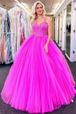 V Neck Fuchsia Lace Appliques Tulle Long Prom Dresses, Fuchsia Lace Formal Evening Dresses, Fuchsia Ball Gown HZ1023