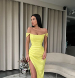 Yellow Off Shoulder Mermaid Side Slit Long Prom Dress With Train,Party Dress,Evening Dress ,Slit Dress HZ1023