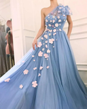 Charming One Shoulder Blue Tulle 3D Flowers Prom Dresses, Long Cheap Dance Dresses HZ1023