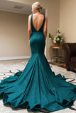 Dark Teal V-Neck Mermaid Long Prom Evening Dress with Slit HZ1023